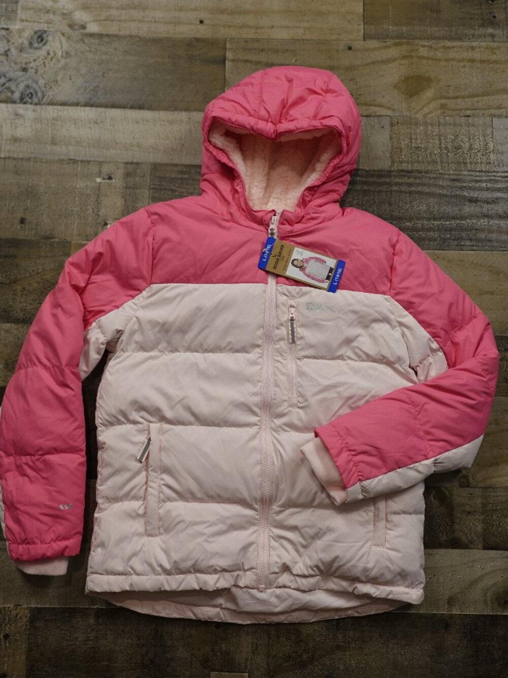Eddie Bauer 550 Down Jacket Girls Large 14/16 Pink Hooded Sherpa Lined NWT